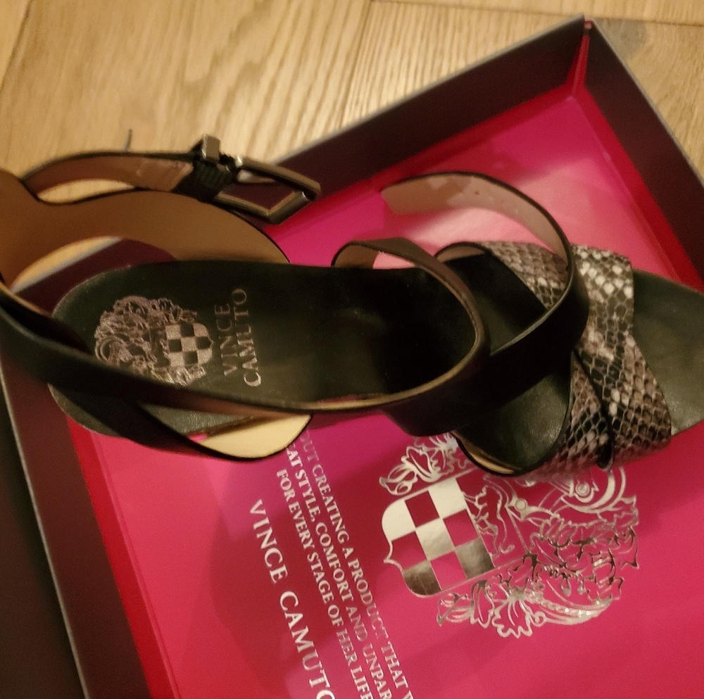 Vince Camuto black and snakeskin wedge heels